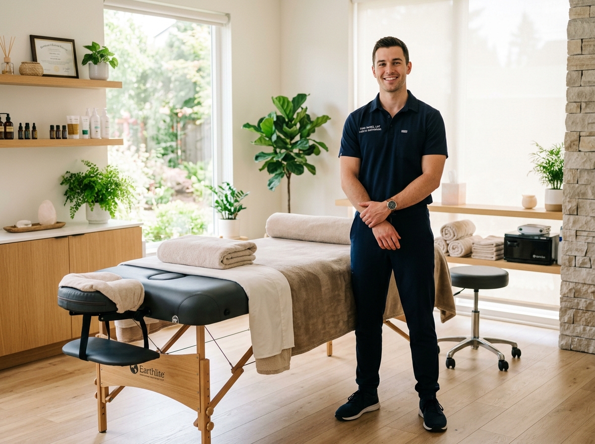 Noah Huff LMT #4095 beside massage table
